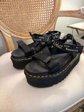 Dr. Martens Black Platform Sandals with Yellow Stitching